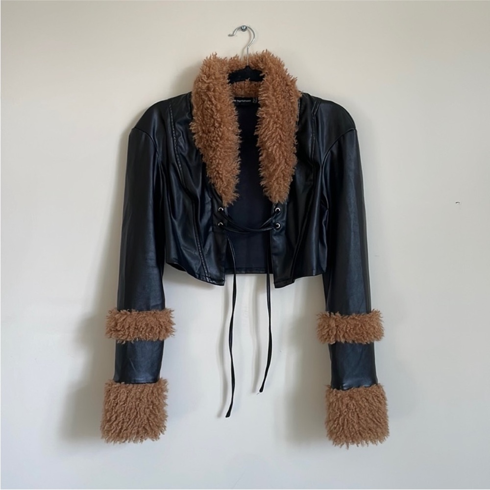 PLT Black and Brown Faux Fur Trimmed Leather Top